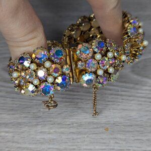 Vintage Signed Alice Caviness Aurora Borealis Rhinestone Bracelet Gold Tone